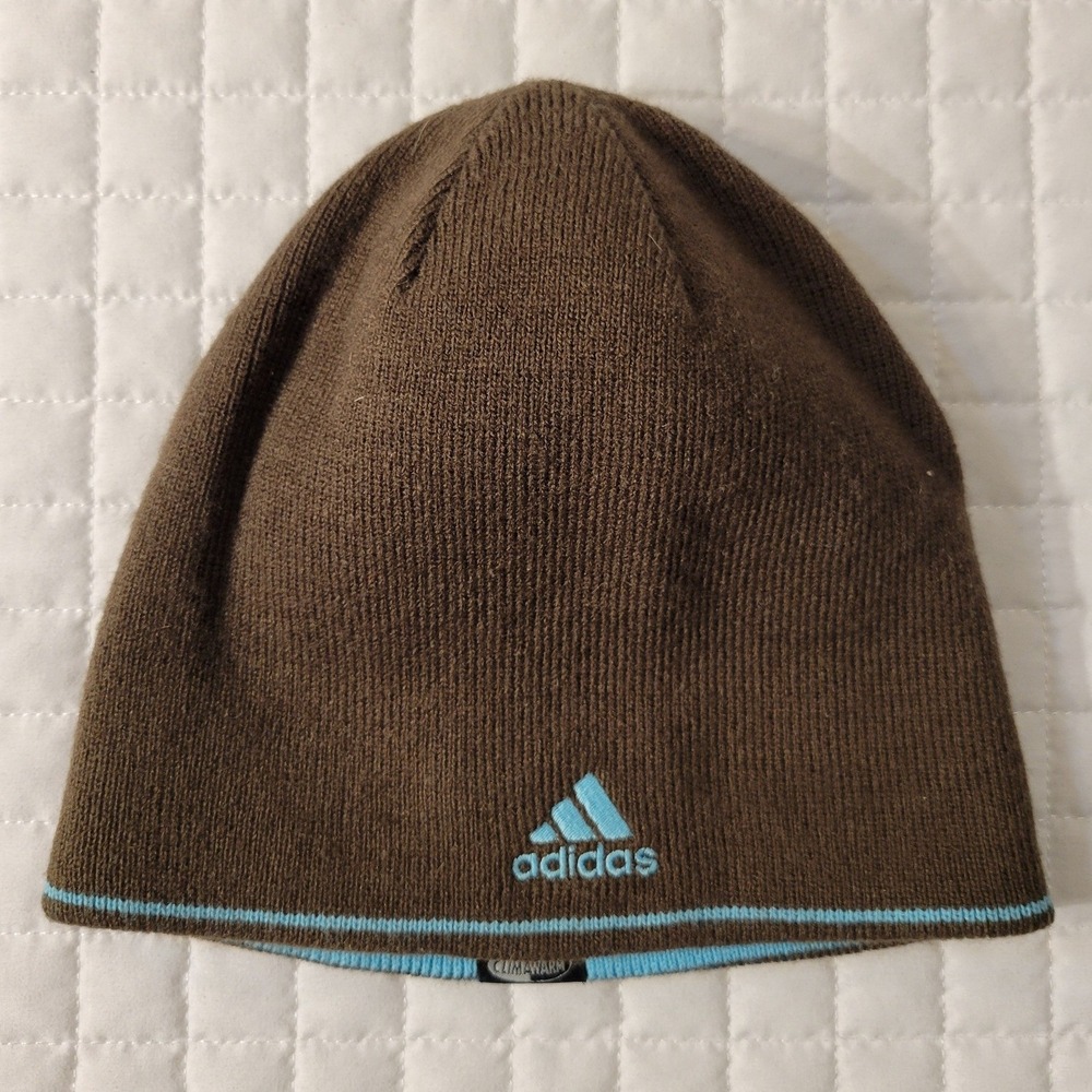 Y2K Adidas ClimaWarm Reversible Beanie Brown Blue Knit Preppy Winter Hat 90s Hot